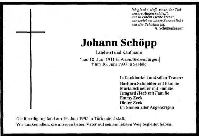 Schoepp Johann 1911-1997 Todesanzeige